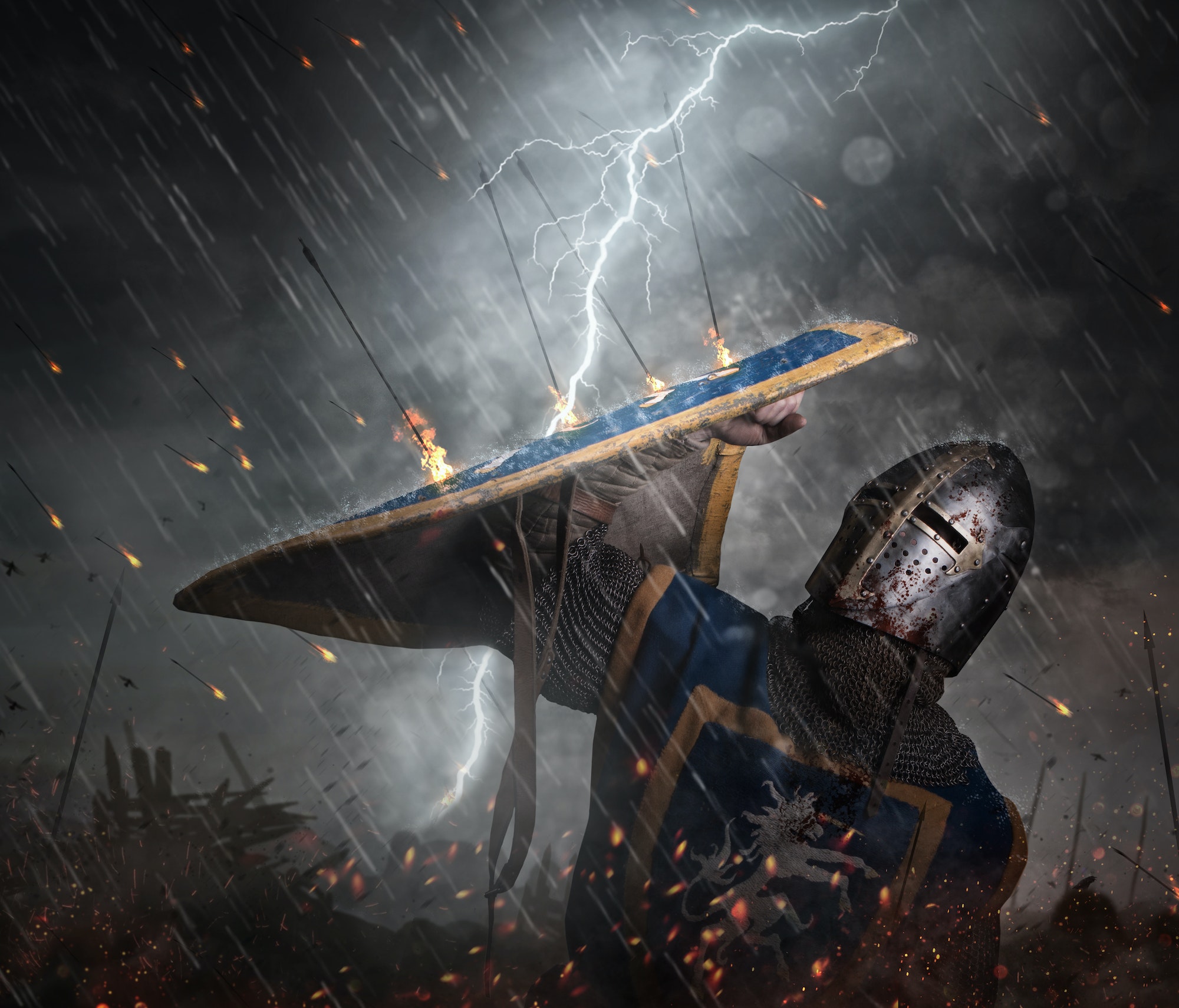 Lightning strikes a knight on battlefield.