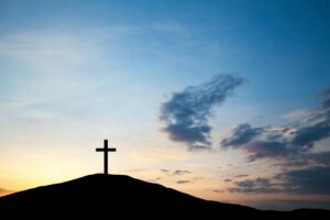 The cross on the hill, Jesus Christ from the Bible. Easter, Religion. Salvation of sins, sacrifice